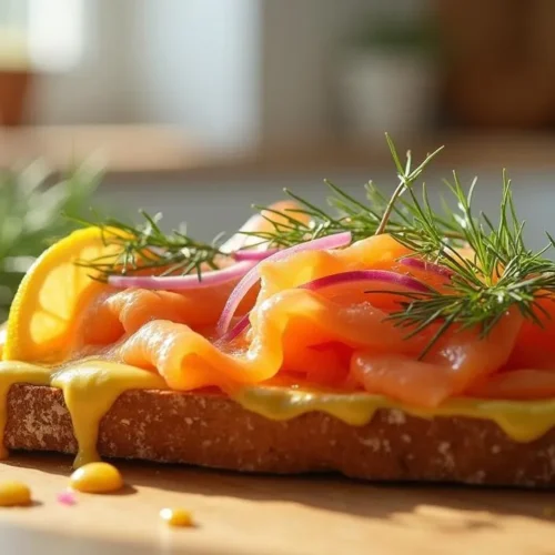 Open-faced sandwich with Norwegian smoked salmon, mustard-dill cream, rye bread, and lemon wedge on a rustic plate.