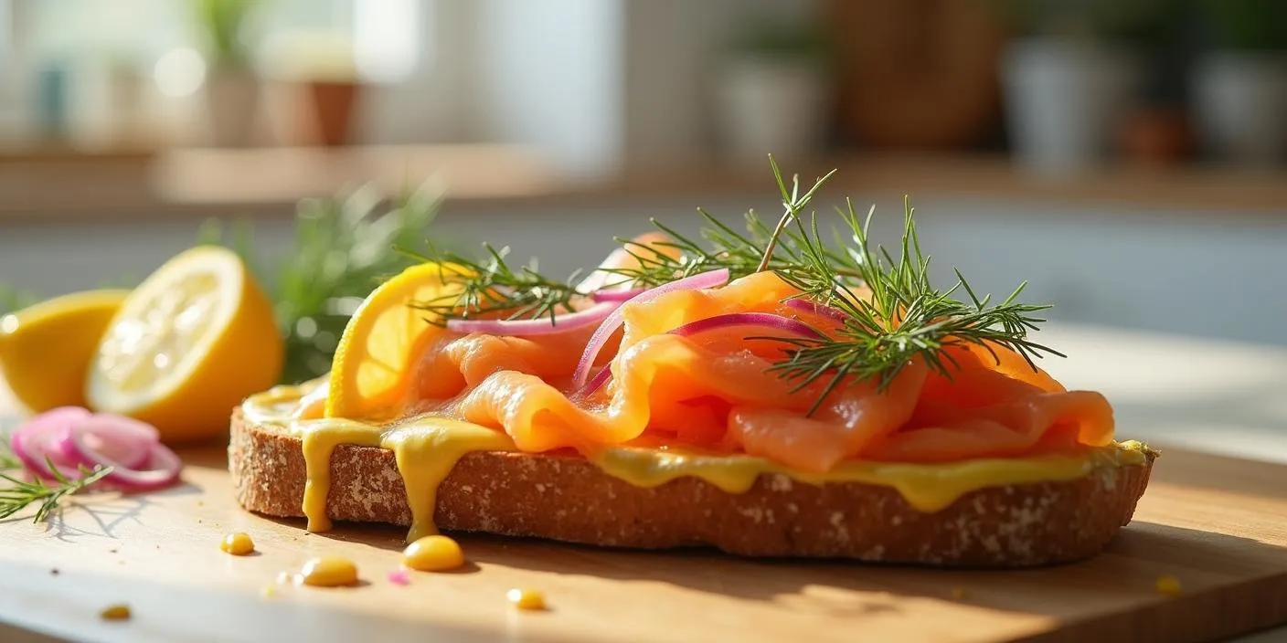 Open-faced sandwich with Norwegian smoked salmon, mustard-dill cream, rye bread, and lemon wedge on a rustic plate.