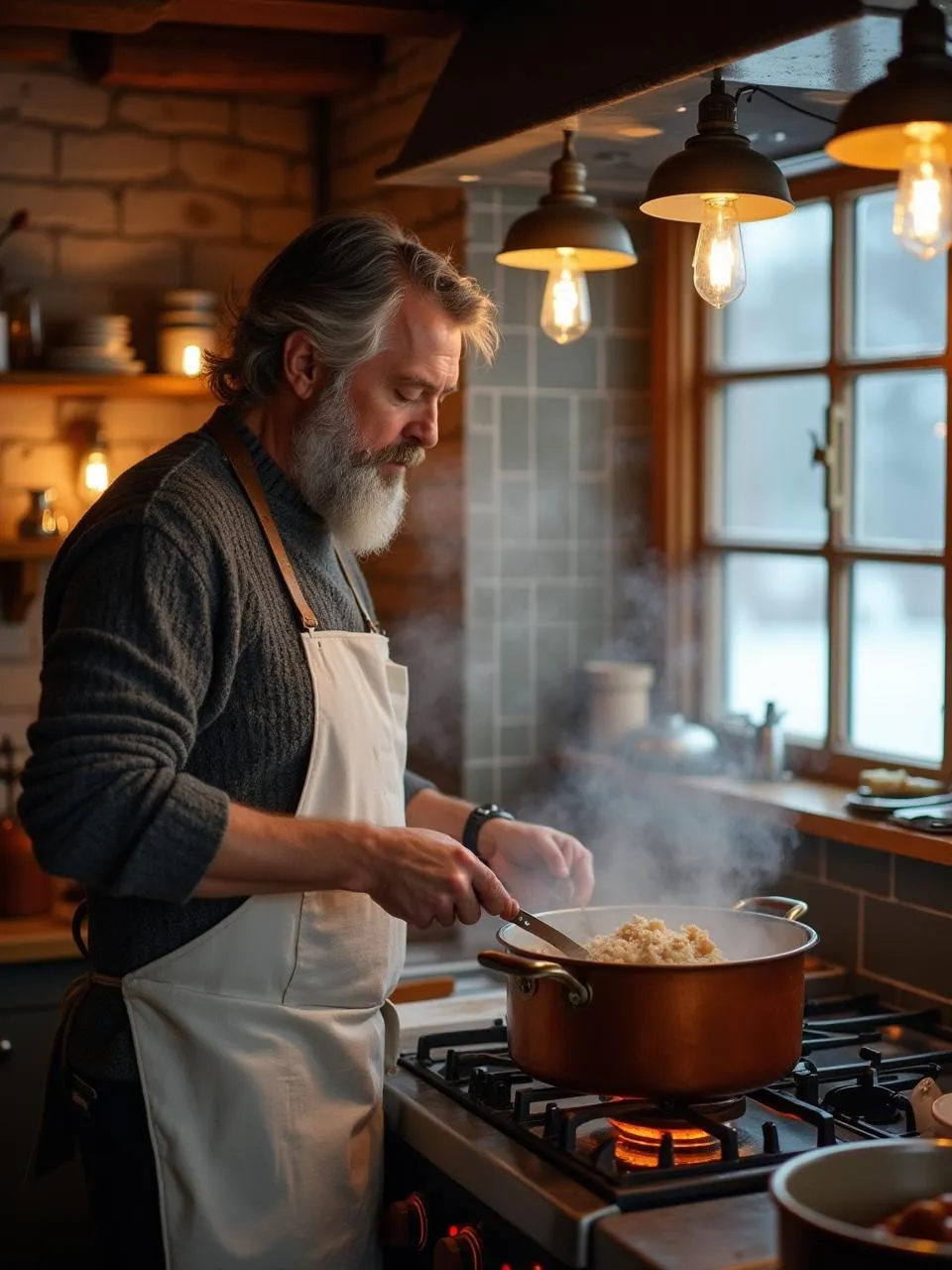 Chef Cooking Brunost: Norwegian chef stirring caramelized whey in a pot while making traditional brunost cheese.