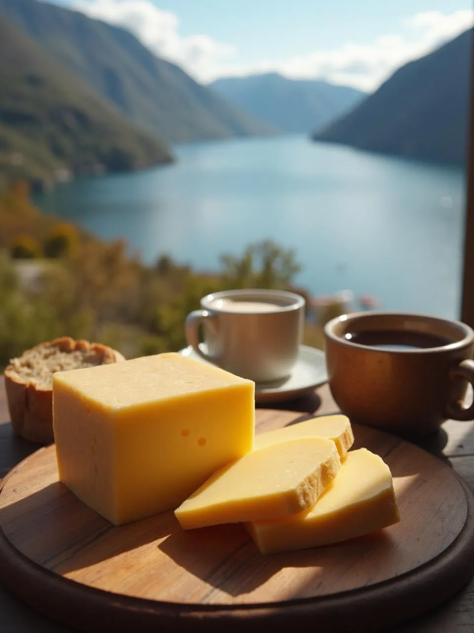 Cheese on Cutting Board: A block of homemade brunost cheese being sliced on a wooden board with crispbread and coffee nearby.
