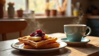 Sliced Norwegian brunost served on waffles with strawberry jam and coffee in a cozy kitchen setting.