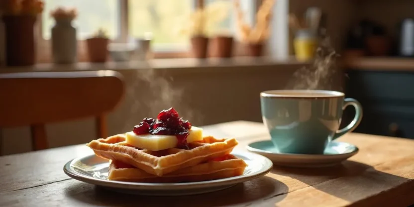 Sliced Norwegian brunost served on waffles with strawberry jam and coffee in a cozy kitchen setting.