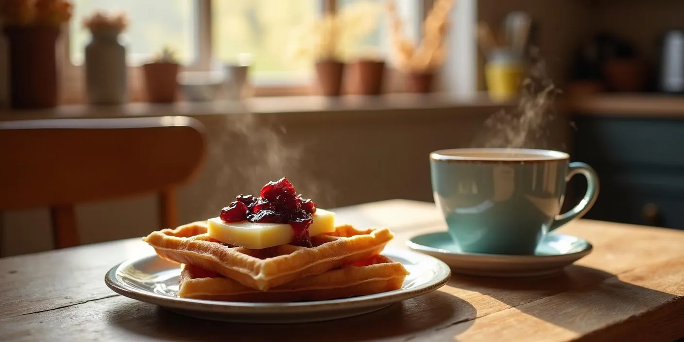 Sliced Norwegian brunost served on waffles with strawberry jam and coffee in a cozy kitchen setting.