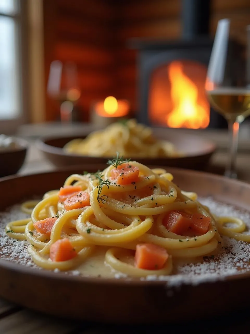 Close-up of silky pasta twirled with smoked salmon and creamy dill sauce, in a cozy cabin setting, warm tones