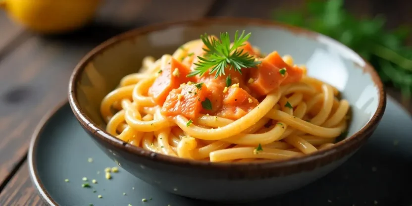 Creamy smoked salmon pasta with dill and lemon zest in a ceramic bowl