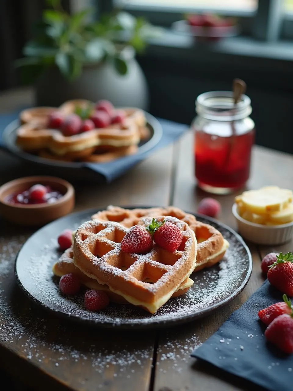 Close-up of soft golden waffles topped with strawberry jam and a slice of brown cheese. 