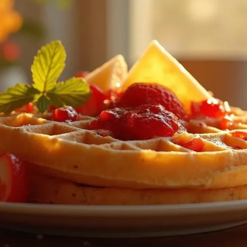 Norwegian heart-shaped waffles served with jam and brunost on a rustic wooden table.