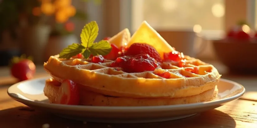 Norwegian heart-shaped waffles served with jam and brunost on a rustic wooden table.