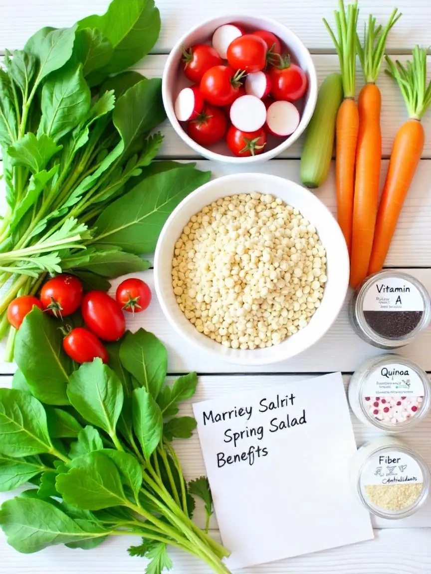 Spring salad ingredients with vitamins and nutrients on display. 