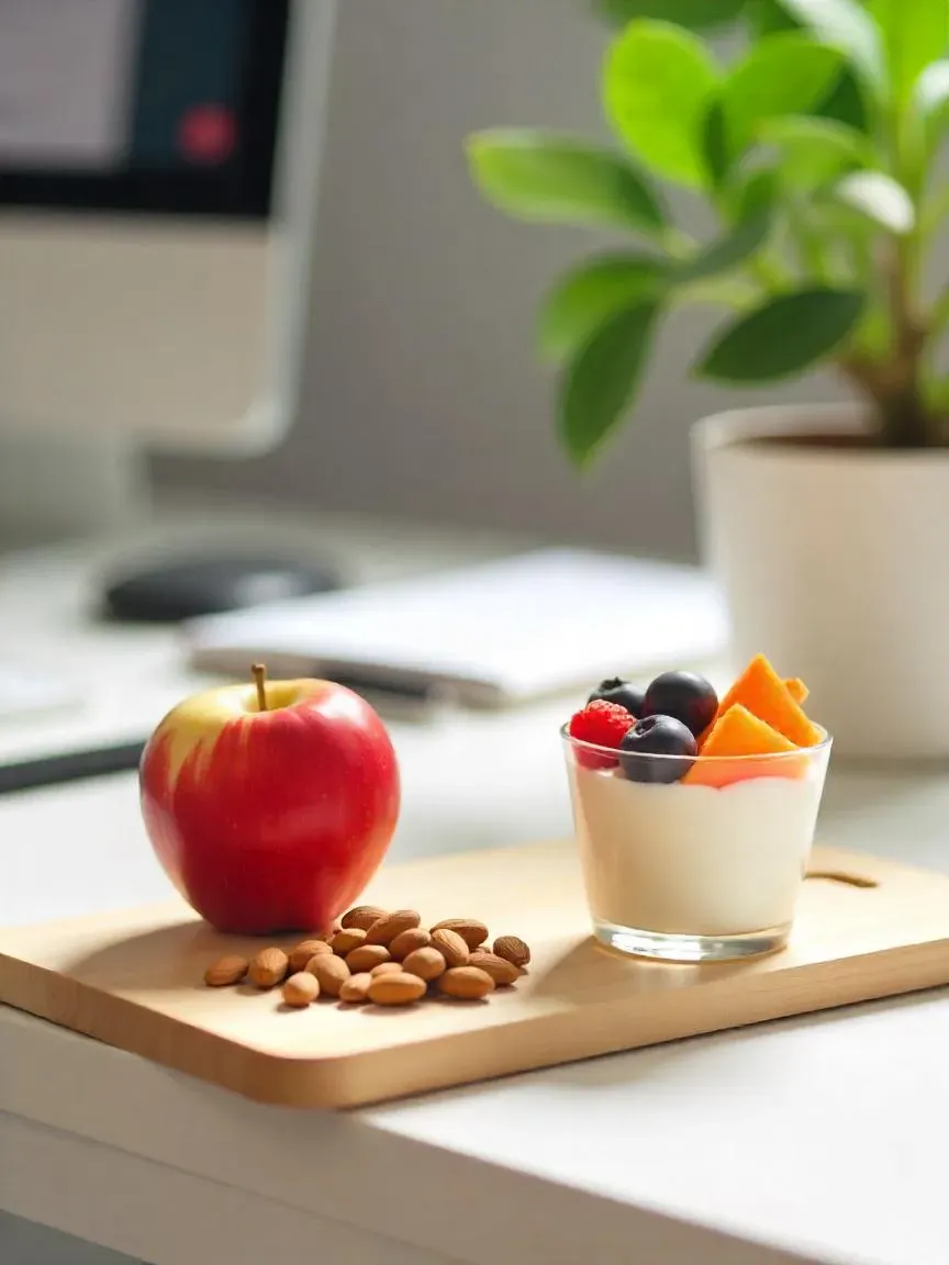 Healthy office snacks for morning and afternoon arranged with time indicators.