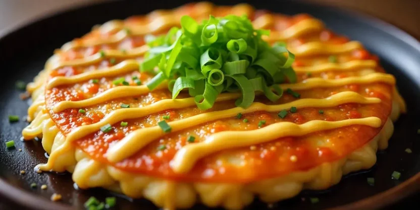 Traditional Japanese okonomiyaki pancake topped with mayonnaise, okonomiyaki sauce, bonito flakes, and seaweed powder on a ceramic plate.