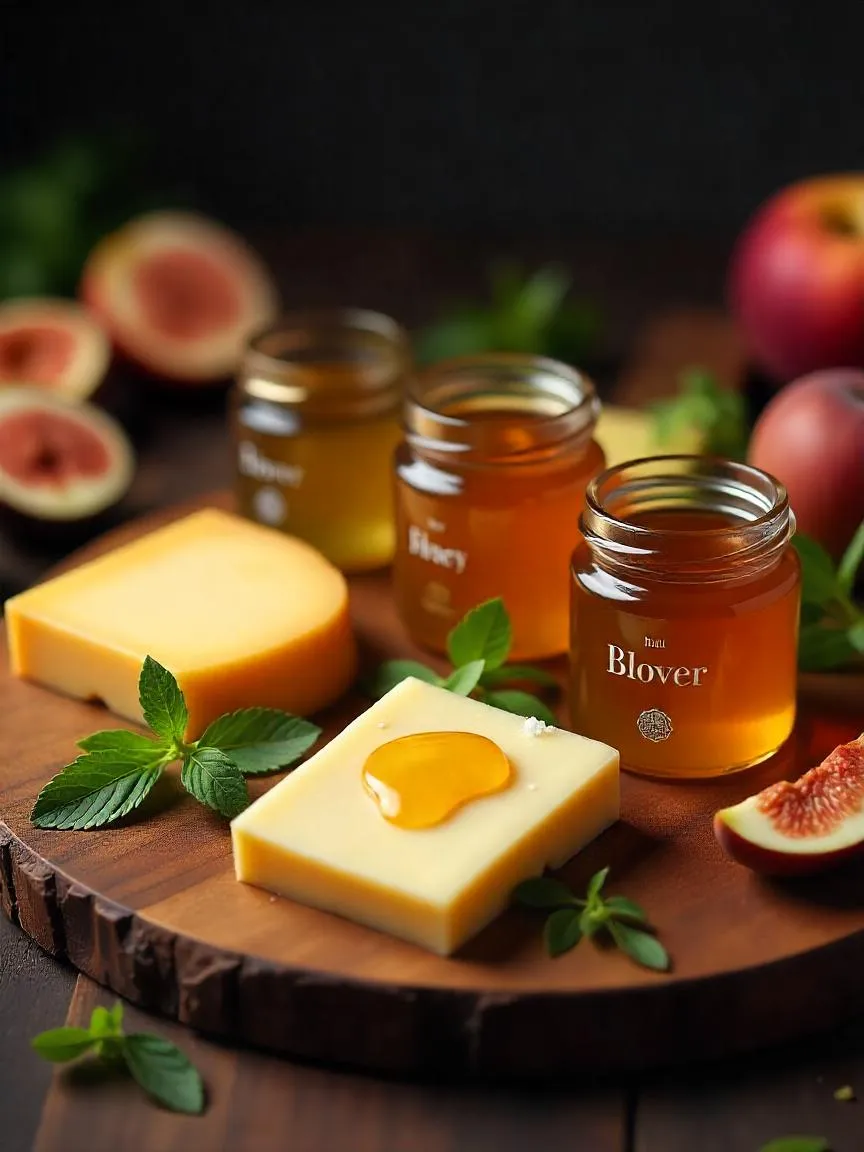 Selection of honey types with cheese, fruits, and herbs arranged on a board, showing how honey enhances sweet and savory flavors in cooking.