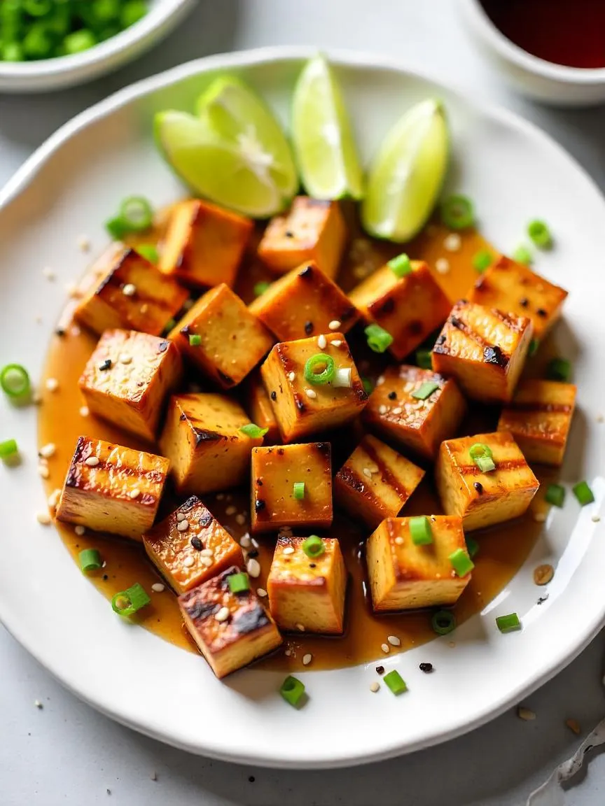 Grilled marinated tofu cubes glazed with soy-ginger sauce, garnished with sesame seeds and scallions.