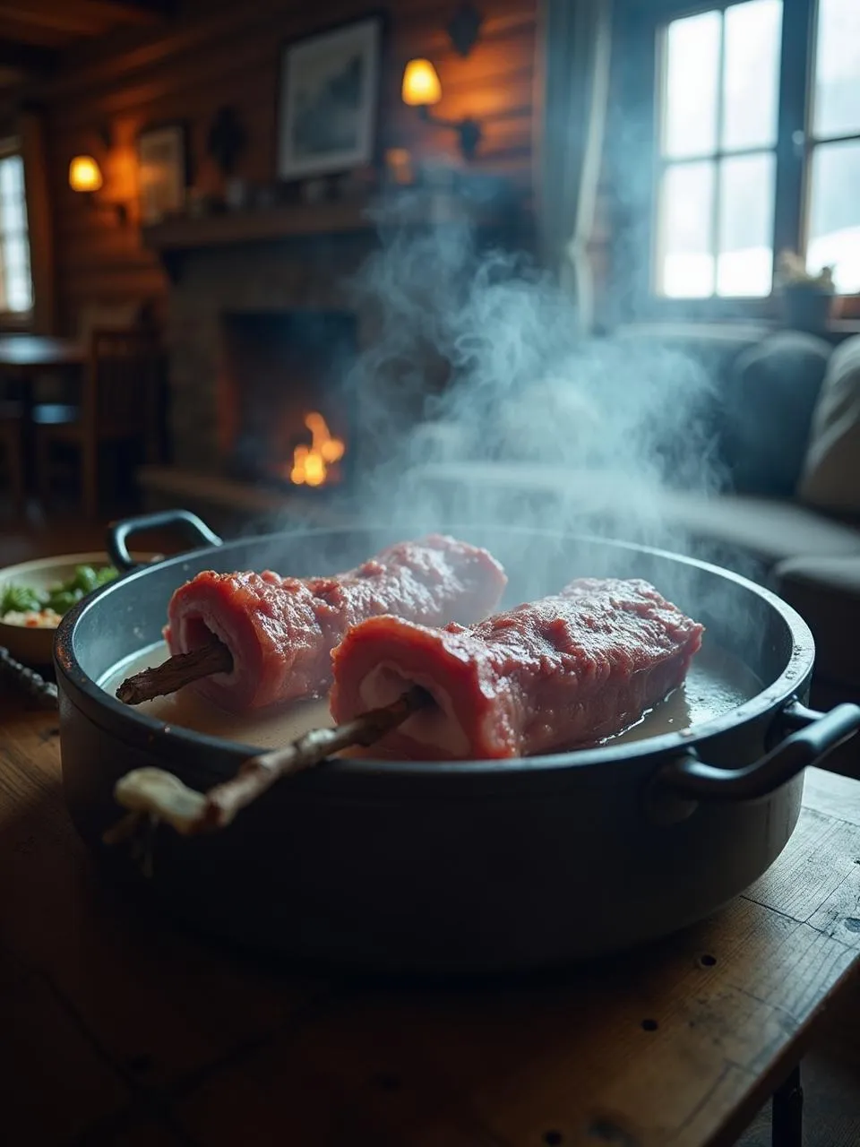 Pinnekjøtt lamb ribs steaming over birch sticks.