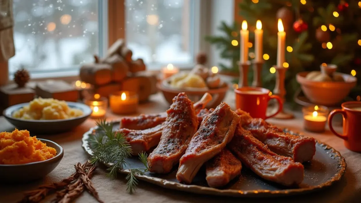 Traditional Norwegian Pinnekjøtt with Christmas sides on a rustic holiday table.