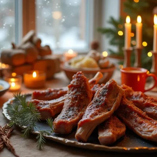 Traditional Norwegian Pinnekjøtt with Christmas sides on a rustic holiday table.