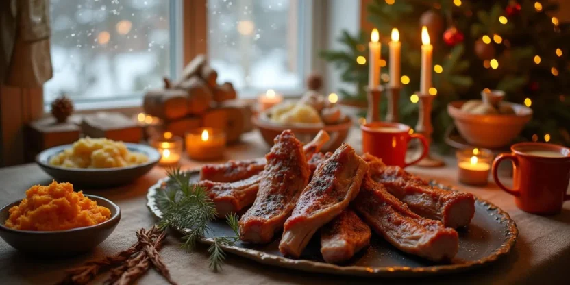 Traditional Norwegian Pinnekjøtt with Christmas sides on a rustic holiday table.