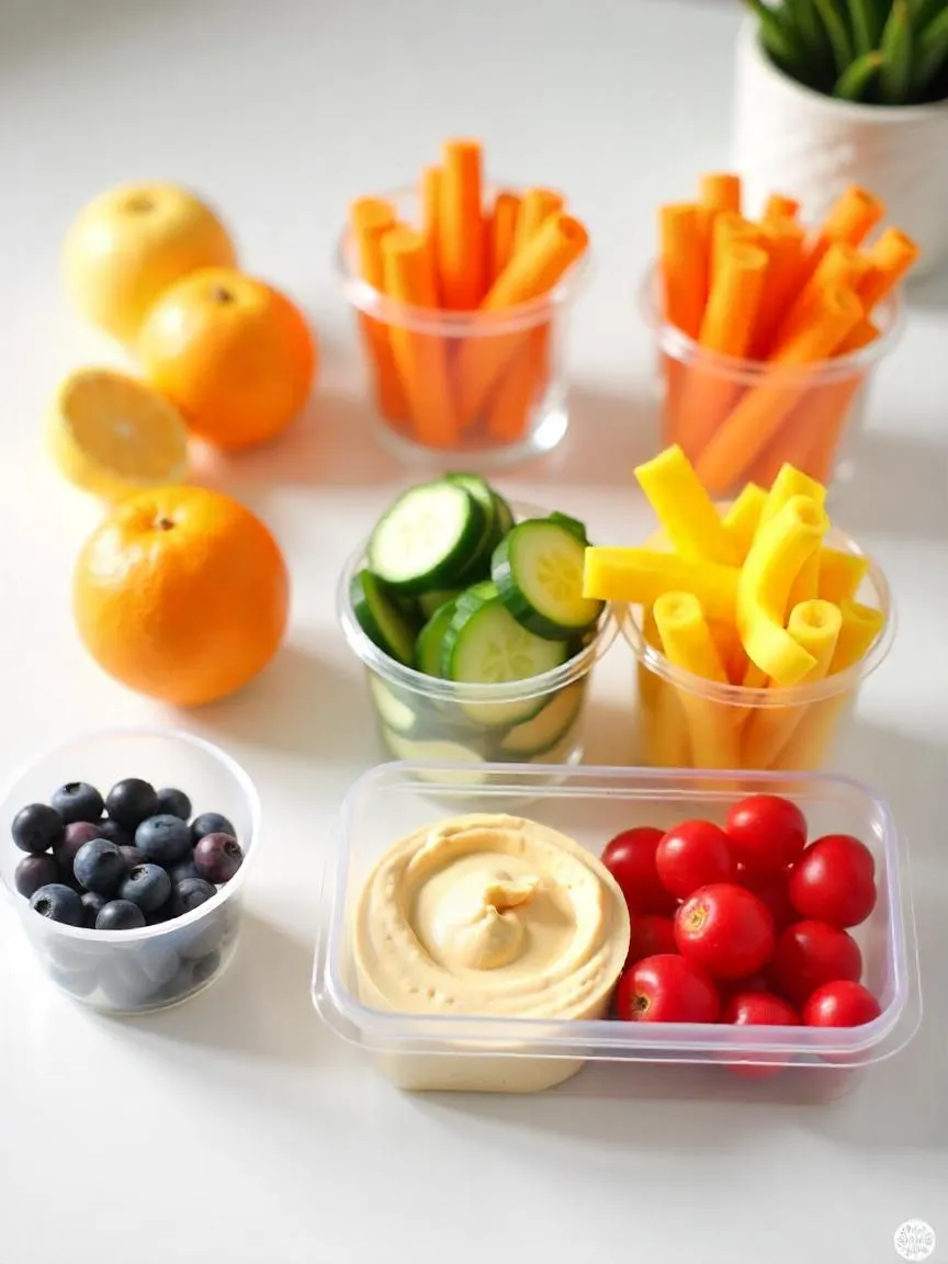 Prepped healthy snacks for work, including sliced vegetables and nuts in containers.