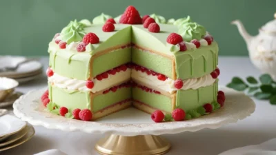 Swedish Princess Cake (Prinsesstårta) with green marzipan topping, pink rose, and powdered sugar.
