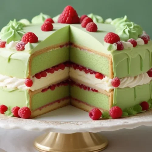 Swedish Princess Cake (Prinsesstårta) with green marzipan topping, pink rose, and powdered sugar.
