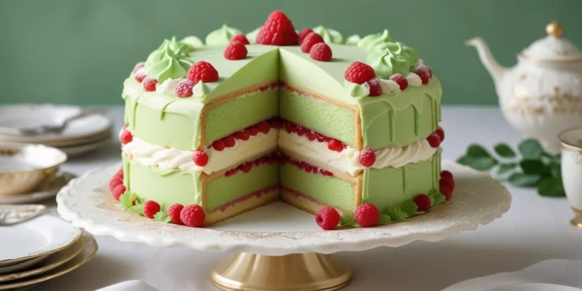 Swedish Princess Cake (Prinsesstårta) with green marzipan topping, pink rose, and powdered sugar.