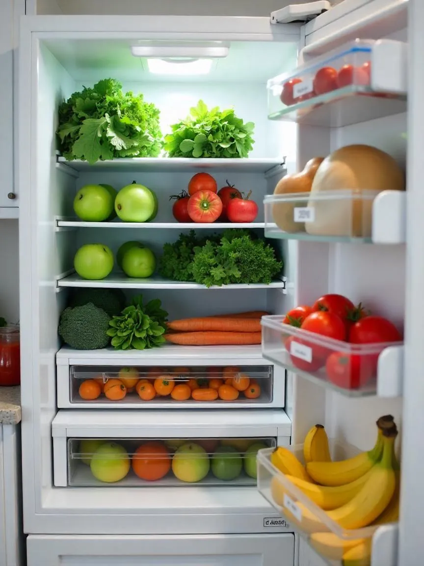 Refrigerator and countertop showing correctly stored fresh fruits and vegetables.
