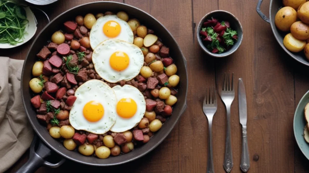 Swedish Pytt i Panna — diced potatoes, onions, and meat sautéed together, topped with a fried egg.