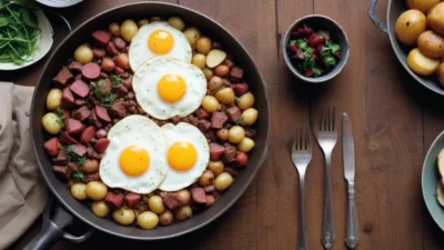 Swedish Pytt i Panna — diced potatoes, onions, and meat sautéed together, topped with a fried egg.