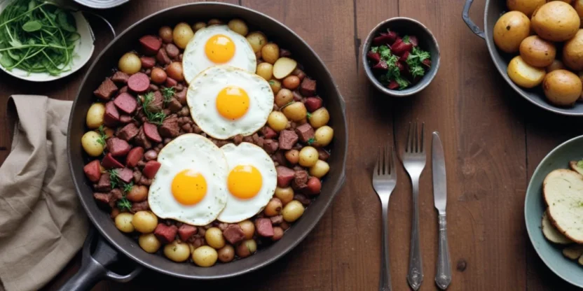 Swedish Pytt i Panna — diced potatoes, onions, and meat sautéed together, topped with a fried egg.