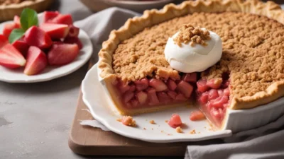 Homemade Swedish rhubarb pie with golden crust and oat crumble topping, served on a rustic wooden table.