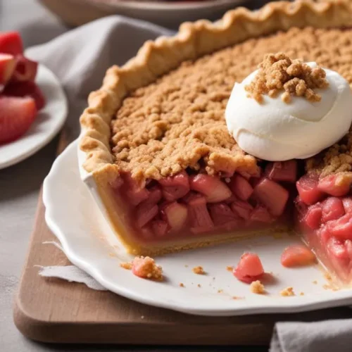 Homemade Swedish rhubarb pie with golden crust and oat crumble topping, served on a rustic wooden table.
