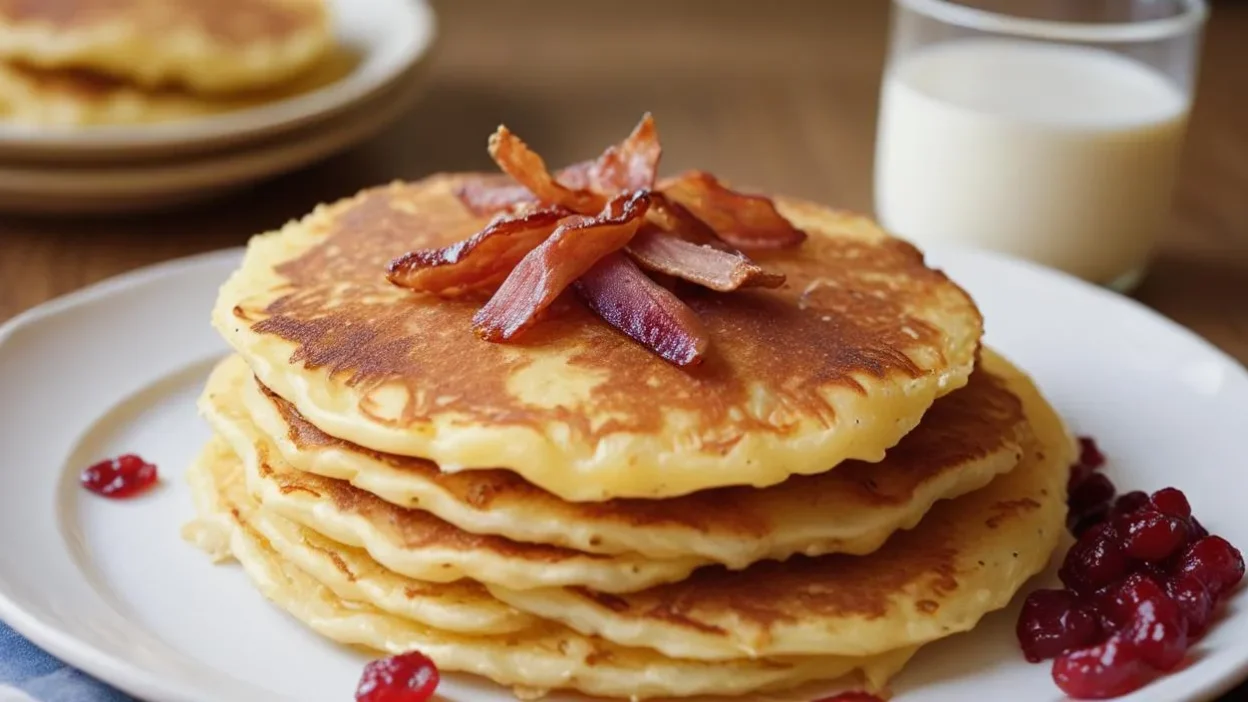 A plate of crispy Swedish raggmunk potato pancakes served with fried bacon and lingonberry jam.