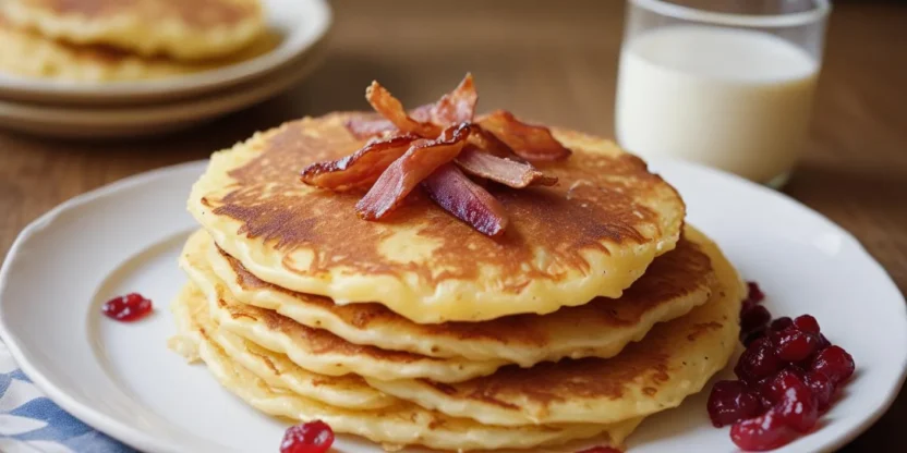 A plate of crispy Swedish raggmunk potato pancakes served with fried bacon and lingonberry jam.