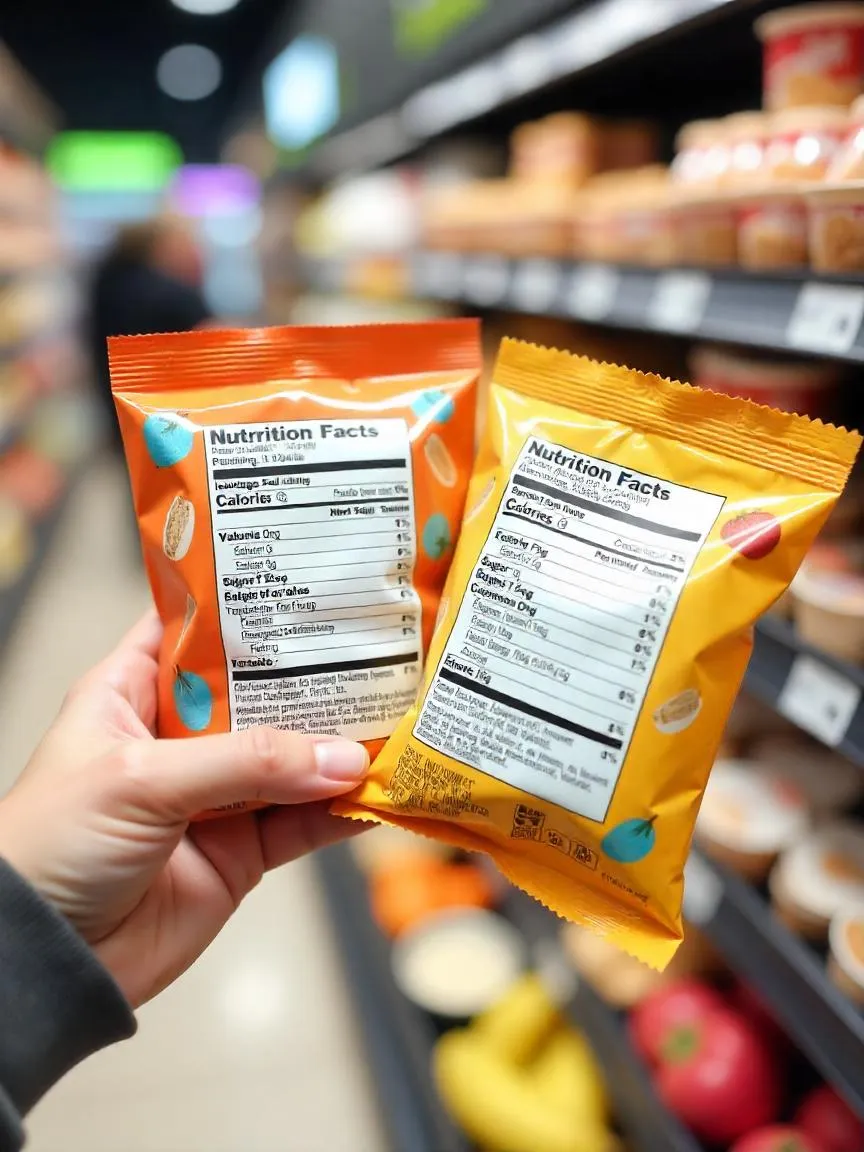 Person reading nutrition labels on healthy snack packages in a grocery store.