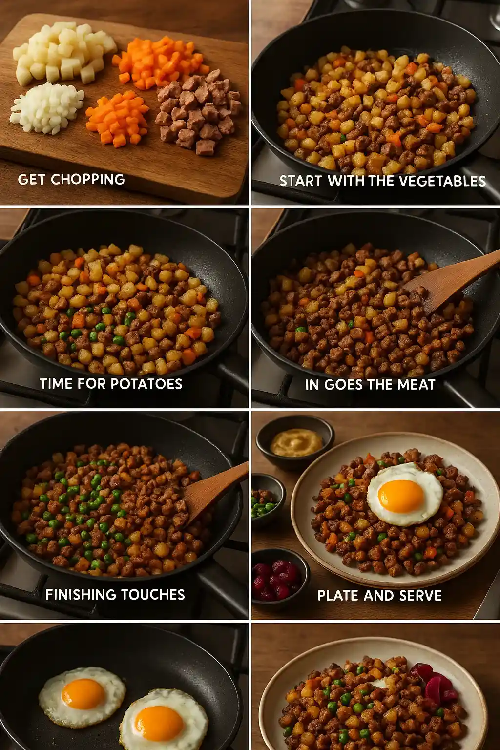 Step-by-step recipe for making Swedish Pytt i panna: fried potatoes, meat, onions, and vegetables served with a fried egg on top, pickled beets, and mustard.