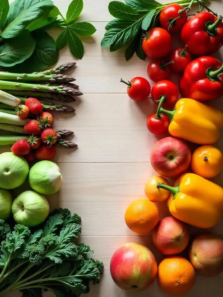 Colorful fresh fruits and vegetables arranged by season on a kitchen counter.