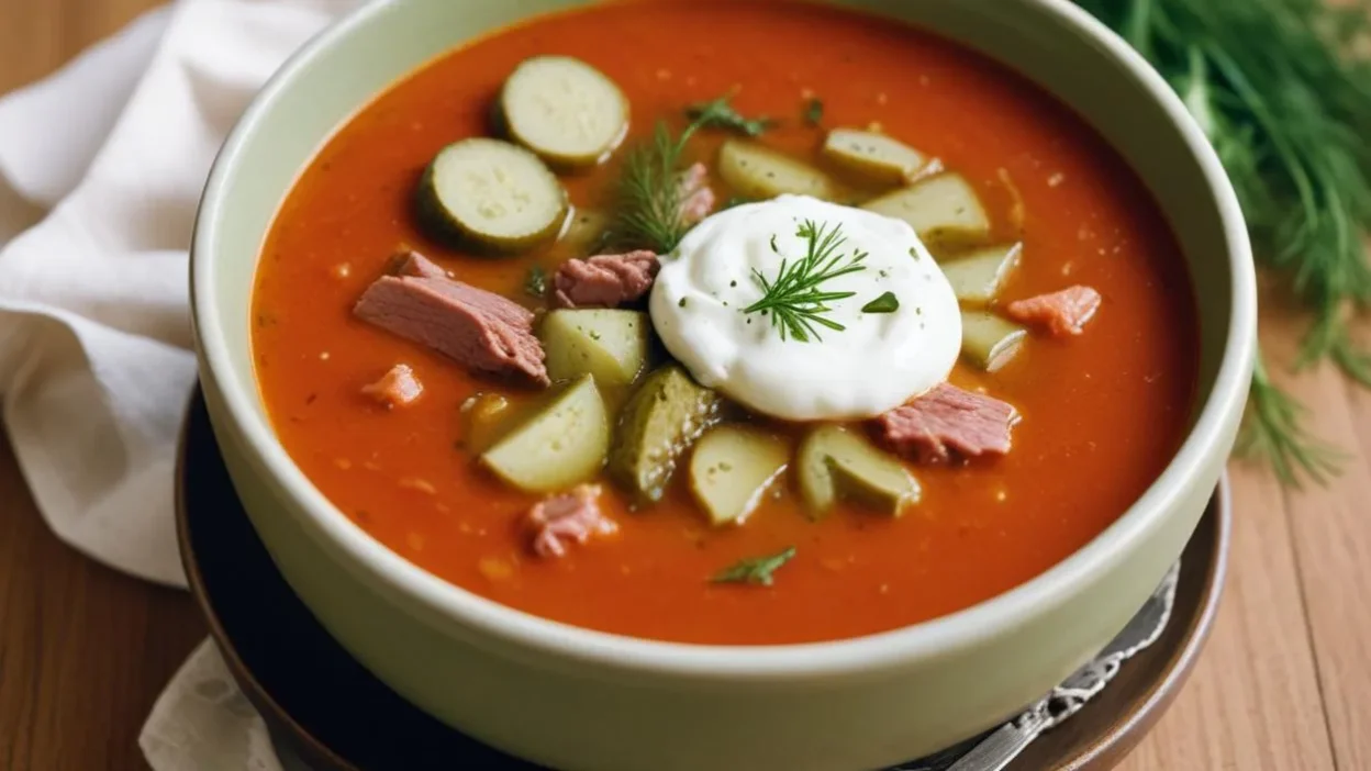 A steaming bowl of traditional Estonian seljanka soup with smoked meats, pickled cucumbers, and fresh dill, topped with a spoonful of sour cream.