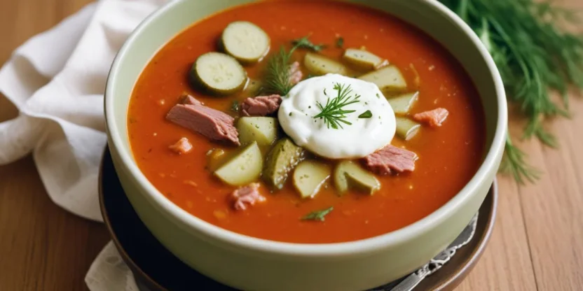 A steaming bowl of traditional Estonian seljanka soup with smoked meats, pickled cucumbers, and fresh dill, topped with a spoonful of sour cream.