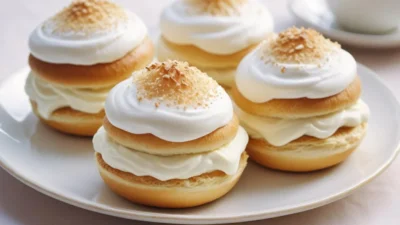 A traditional Swedish semla pastry with a soft cardamom bun, almond paste filling, and whipped cream, dusted with powdered sugar.