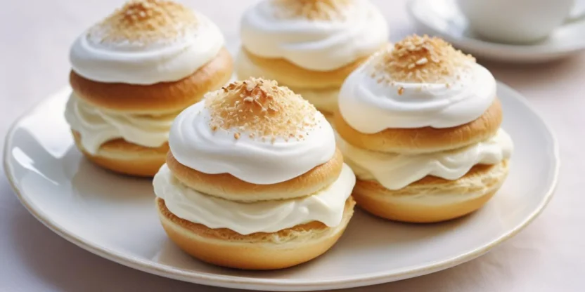 A traditional Swedish semla pastry with a soft cardamom bun, almond paste filling, and whipped cream, dusted with powdered sugar.