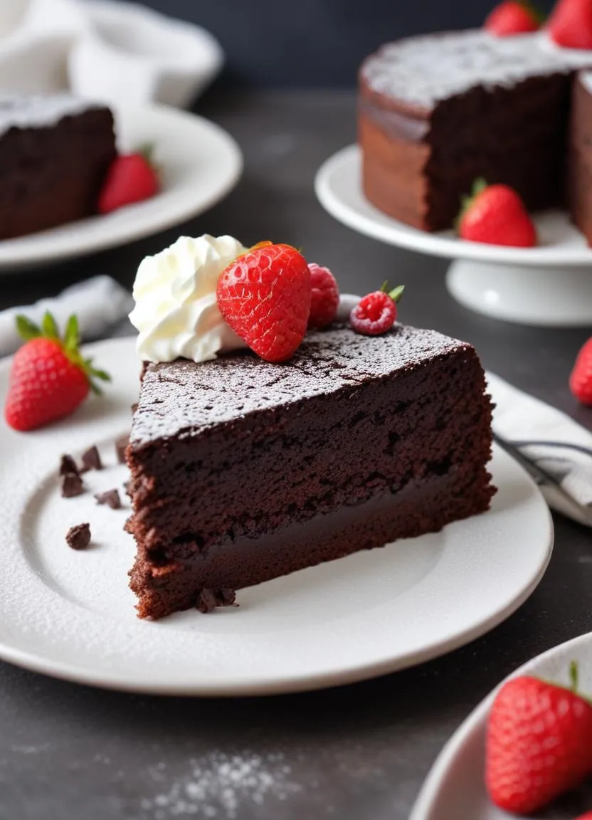 A slice of Swedish Kladdkaka chocolate cake with a gooey center, served on a white plate with a dollop of whipped cream.