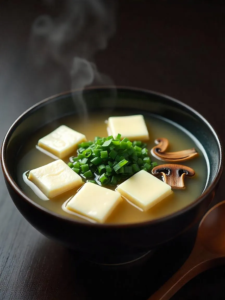 Miso soup with silken tofu cubes, seaweed, mushrooms, and green onions in a black bowl.