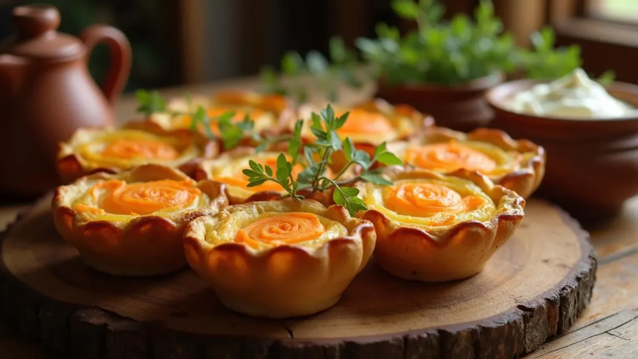 Traditional Latvian sklandrauši: rustic open-faced rye tarts filled with layered mashed potato and carrot filling, served on a wooden table with sour cream and herbs, Baltic pottery, cozy lighting