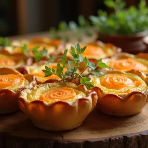 Traditional Latvian sklandrauši: rustic open-faced rye tarts filled with layered mashed potato and carrot filling, served on a wooden table with sour cream and herbs, Baltic pottery, cozy lighting