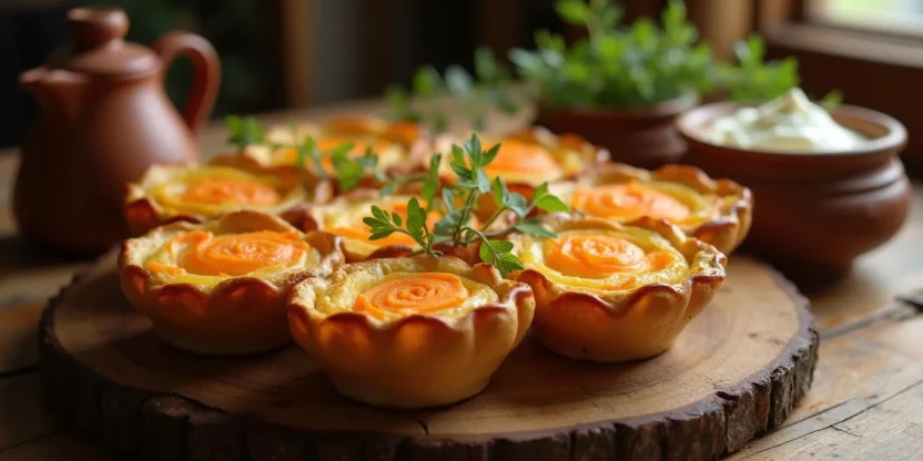 Traditional Latvian sklandrauši: rustic open-faced rye tarts filled with layered mashed potato and carrot filling, served on a wooden table with sour cream and herbs, Baltic pottery, cozy lighting