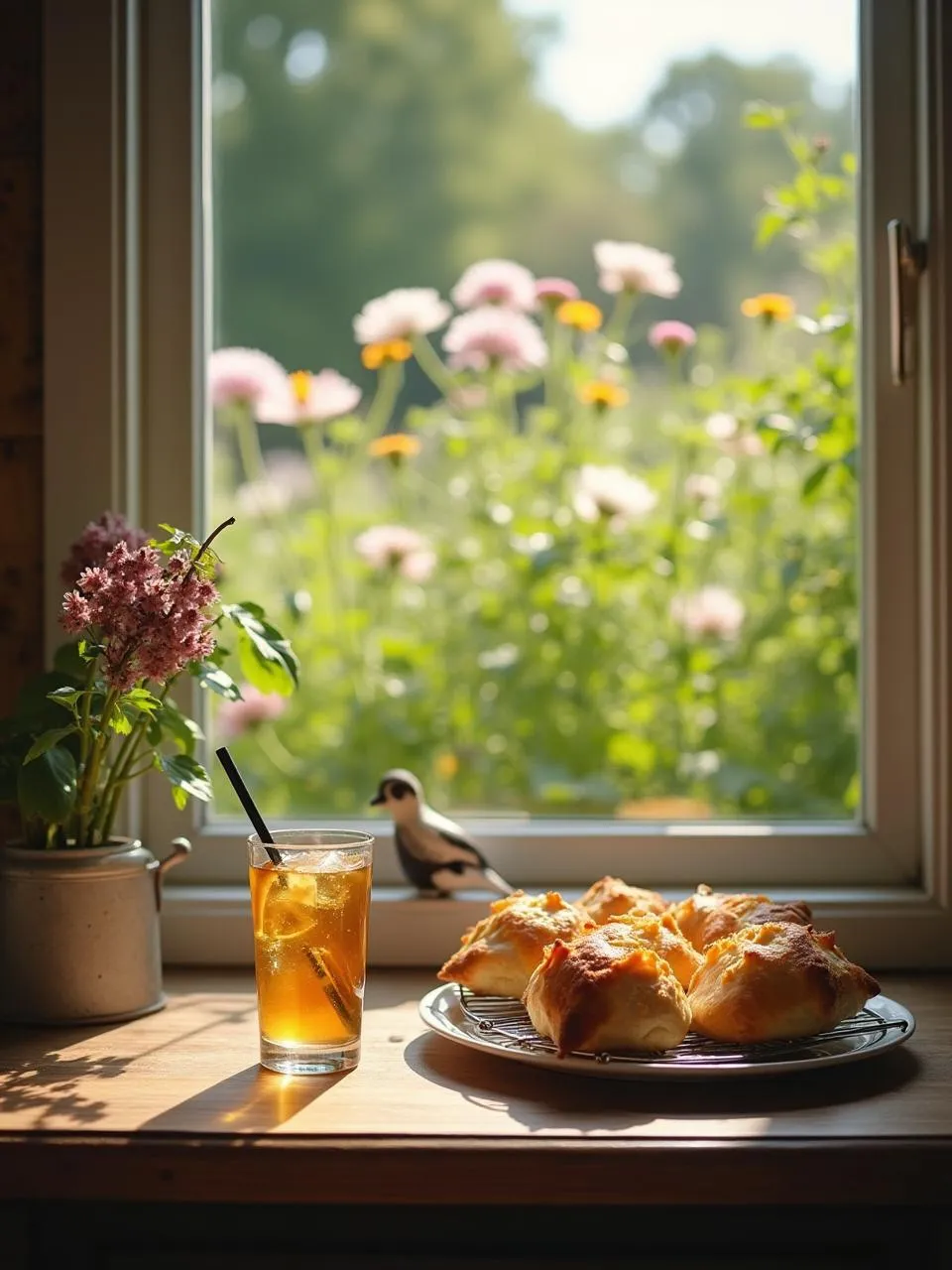 freshly baked sklandrauši cooling on a tray, cup of tea, and snowy window in the background.