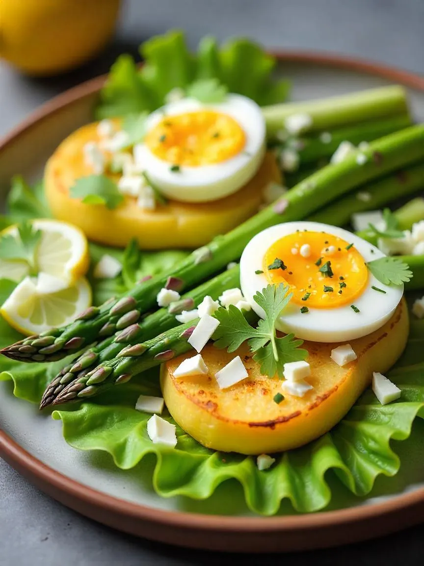 Crispy smashed potatoes with asparagus, jammy eggs, avocado, and Parmesan on lettuce with lemon dressing. 