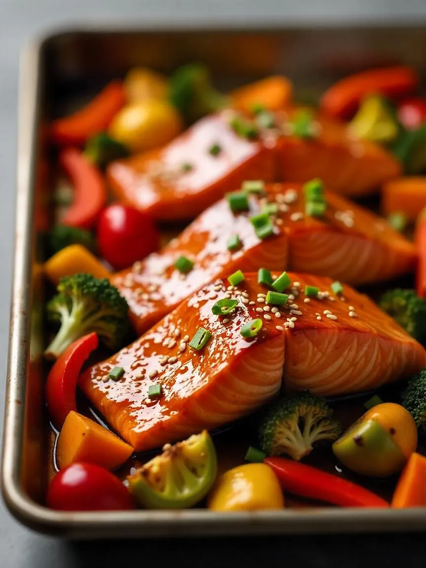 Glazed salmon fillets on a baking sheet with roasted vegetables, topped with sesame seeds and green onions, showing a glossy honey-soy finish.