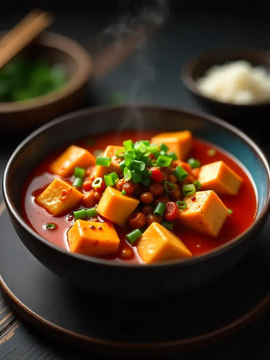 Mapo tofu with silken tofu cubes in spicy red sauce, topped with green onions and served with rice.