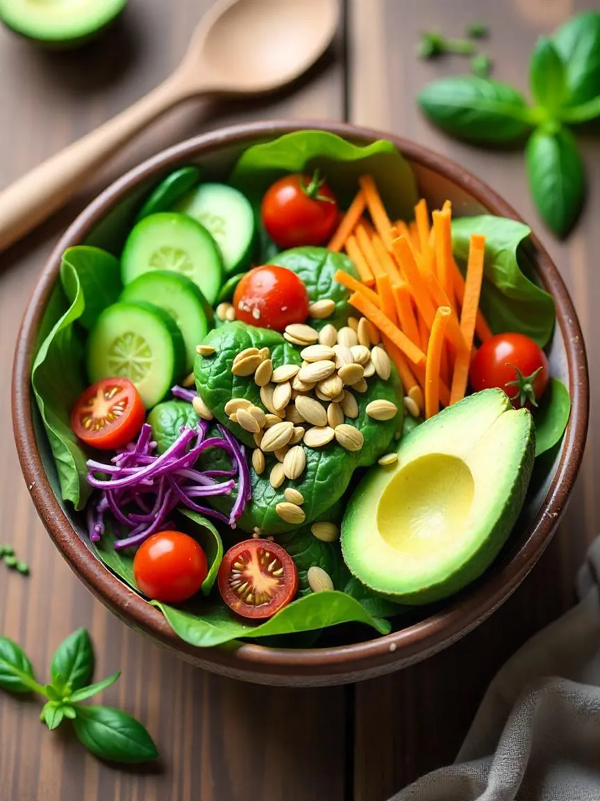 Colorful spring salad with avocado, greens, vegetables, and seeds. 